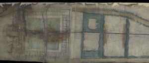 a medieval map on parchment from a birds-eye perspective of the Charterhouse and the surrounding area